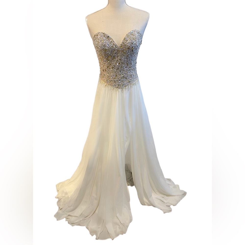 COYA Collection Beaded Bodice Strapless Long Ivory Formal Dress COYA Sz S